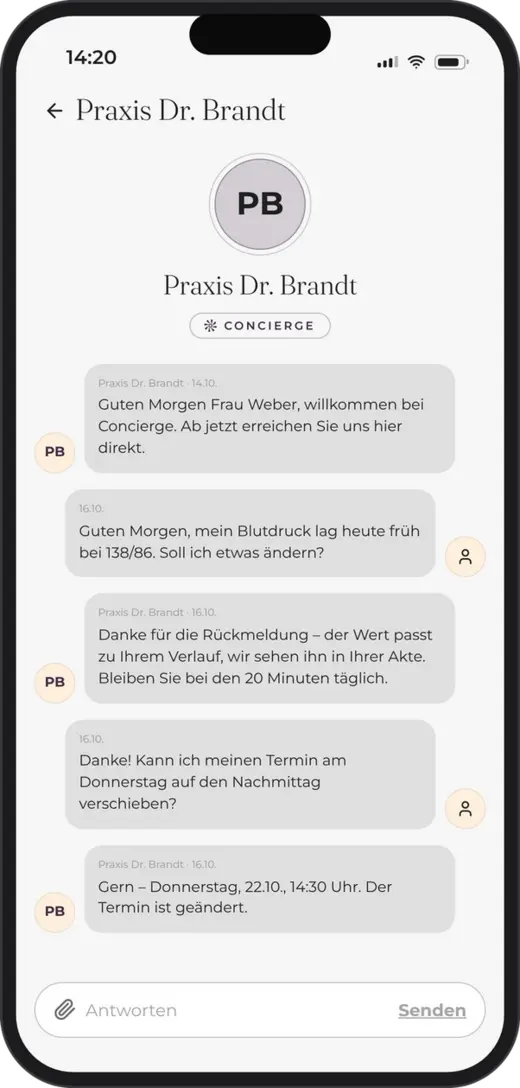 Concierge-Nachrichten mit der Praxis